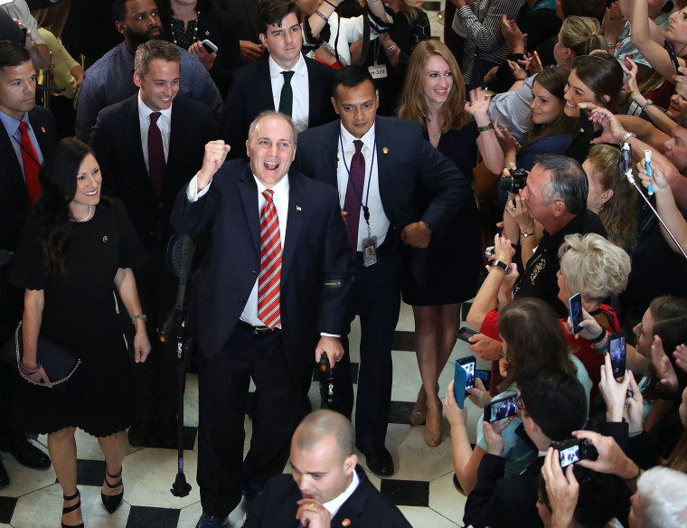 Image: House Republican Whip Steve Scalise reacts to cheers as he returned to the Capitol Hill for the first time after being shot in June