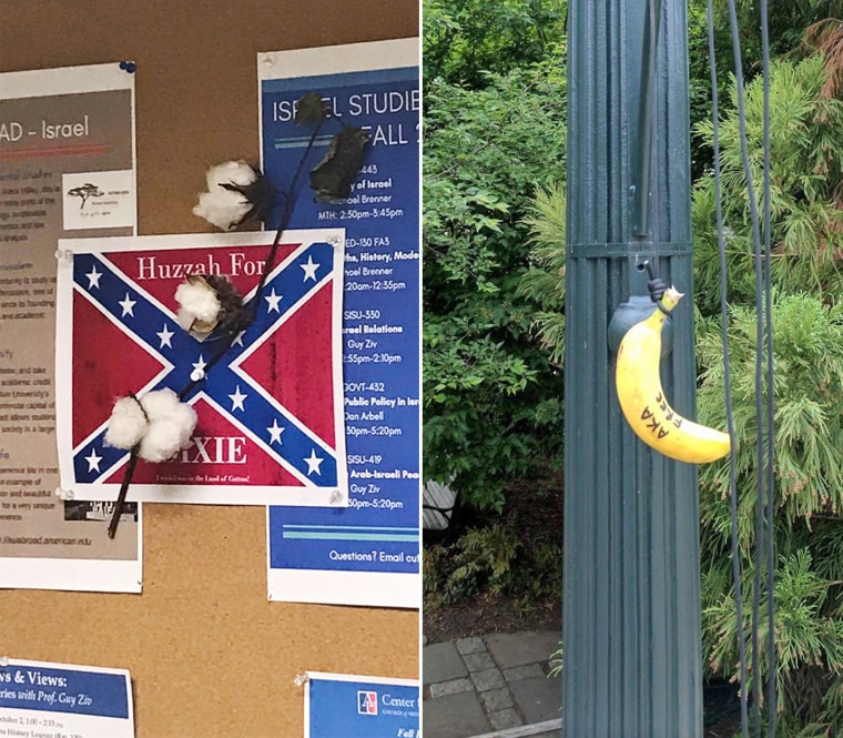 Image: A confederate flag poster with a cotton plant attached, as well as a racist banana outside the Hurst building, both at American University in Washington, DC