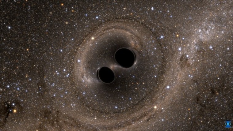 The collision of two black holes holes--a tremendously powerful event detected for the first time ever by the Laser Interferometer Gravitational-Wave Observatory, or LIGO--is seen in this still from a computer simulation.