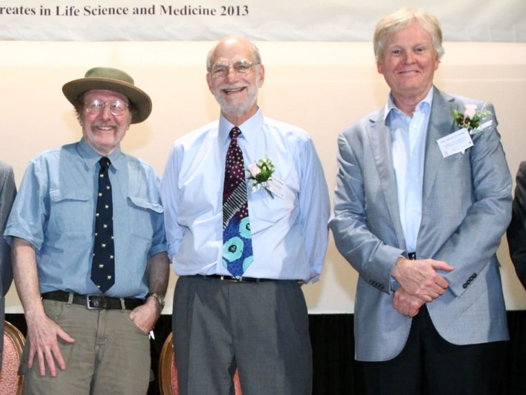 Image: U.S. geneticists Jeffrey C. Hall, Michael Rosbash, and Michael W. Young during a lecture at Shaw College of the Chinese University of Hong Kong on Sept. 25, 2013.