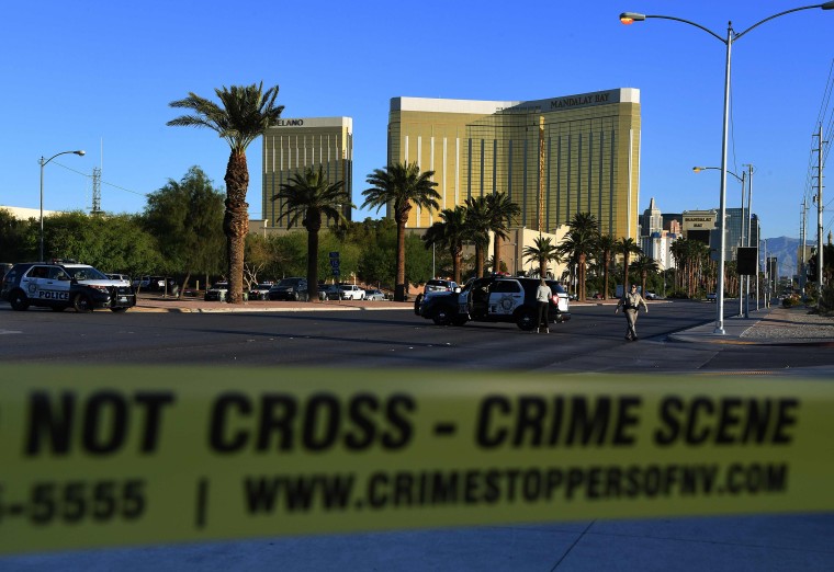 Image: Crime scene tape surrounds the Mandalay Hotel after a gunman killed at least 50 people and wounded more than 400 others when he opened fire on a country music concert in Las Vegas, Nevada on Oct. 2, 2017.