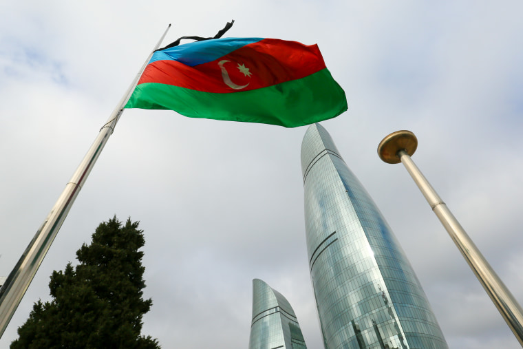 Azerbaijan Flag in the Alley of Martyrs. Azerbaijan marks