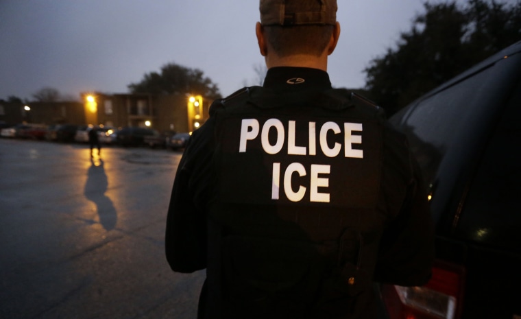 Image: U.S. Immigration and Customs Enforcement agents during an early morning operation in Dallas.