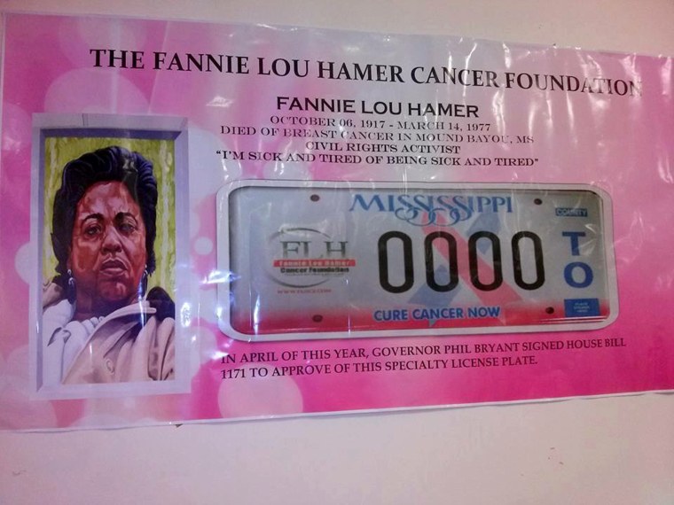 Image: A sample Breast cancer license plate in honor of Fannie Lou Hamer, that was signed into law by Mississippi Governor Phil Bryant on April 22, 2015.