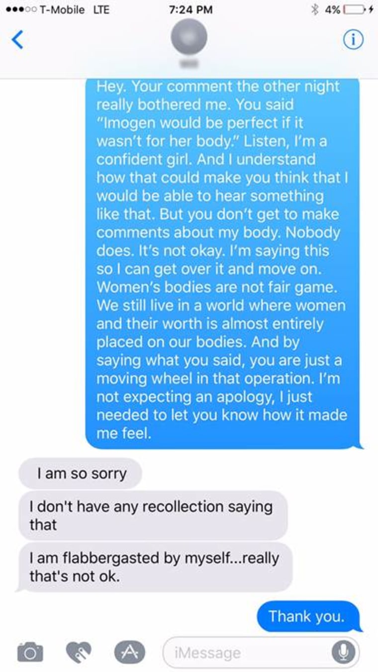 Imogen Ker's text message to her friend after she was body-shamed.
