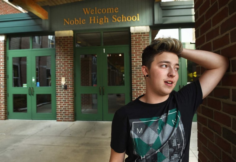 Image: Stiles Zuschlag stands outside Noble High School in North Berwick, Maine