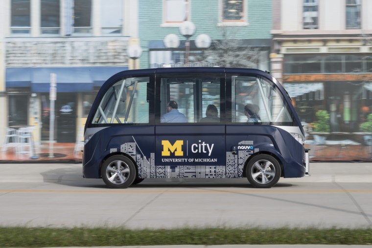 The Arma, a driverless electric shuttle manufactured by French firm NAVYA, was introduced to North America at the Mcity Test Facility in December 2016.