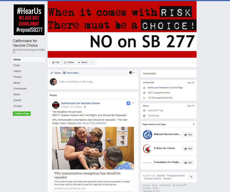 Anti-vaccine groups are getting more confrontational on social media. Many Facebook feeds now feature post after post presenting viewpoints based on long-disproven facts and some have been formed to try to influence legislation, such as this site dedicated to a bill aimed at strengthening California vaccine requirements.