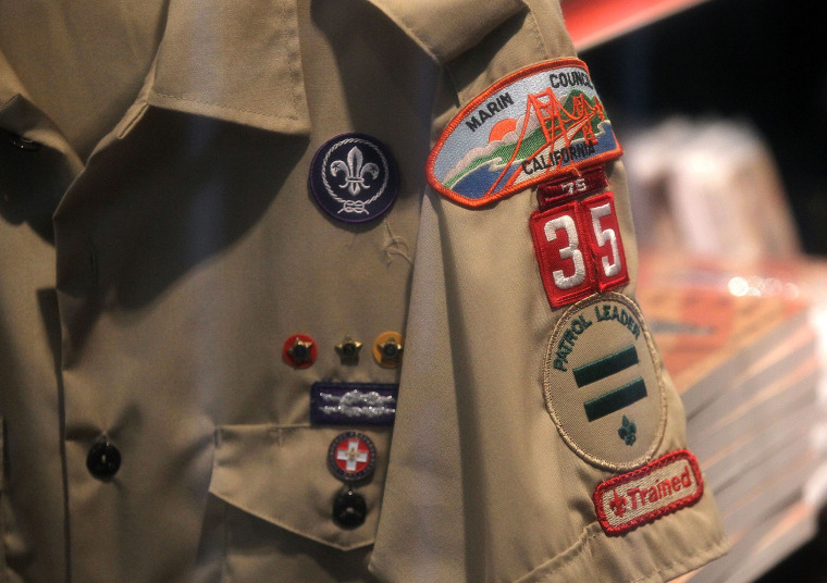 Image: A Boy Scout uniform hangs in a store at the Marin Council of the Boy Scouts of America