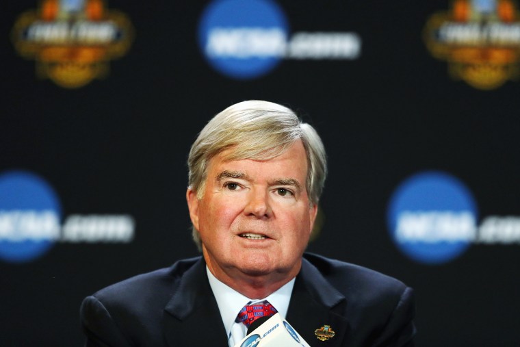 Image: NCAA President Mark Emmert speaks with the media during a press conference