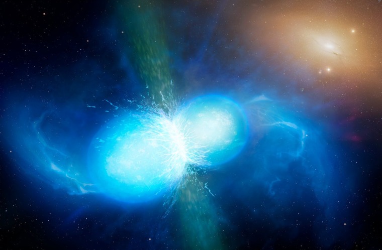 Image: This artist's impression shows two tiny but very dense neutron stars at the point at which they merge and explode as a kilonova