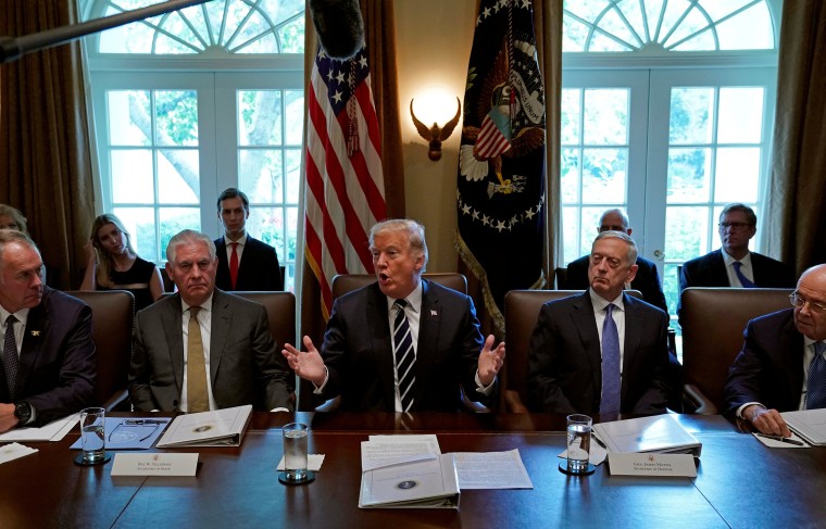 Image: President Donald Trump meets with members of his cabinet at the White House on Oct. 16, 2017.