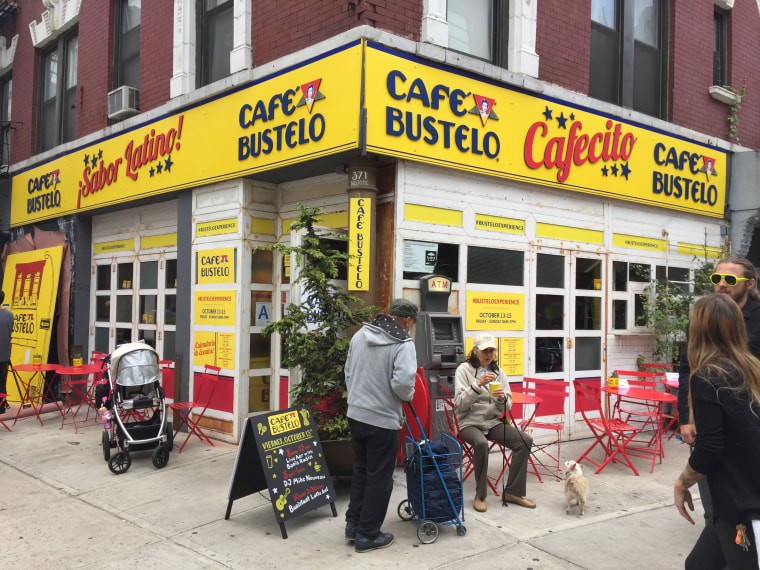 Outside of Cafe Bustelo pop-up store on corner of Broome and Mott Streets in New York City.