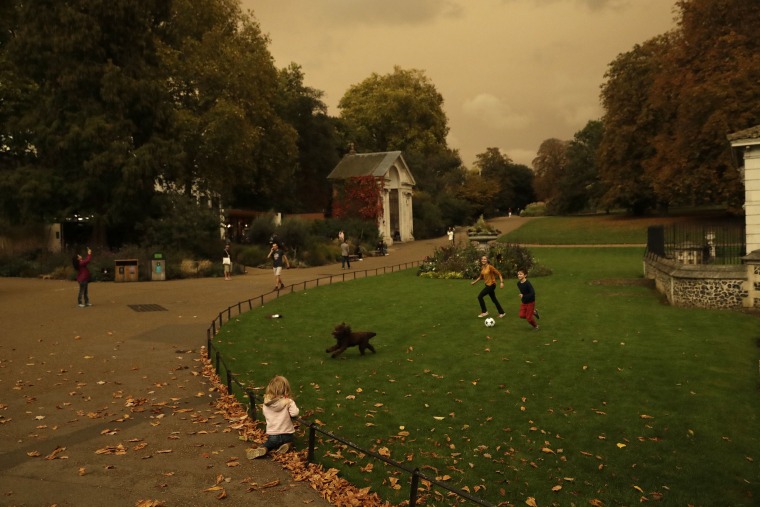 Image: Hyde Park is bathed in a dull sepia light from the sky in London