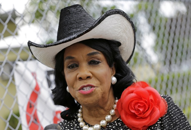 Image: Rep. Frederica Wilson (D-FL) talks to reporters on Oct. 18, 2017, in Miami Gardens, Florida.