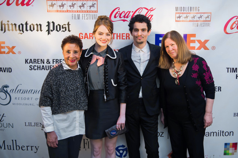 Image: Sheila Johnson poses with actress Emma Stone, writer and director Damien Chazelle and festival director Susan Koch at the Middleburg Film Festival.