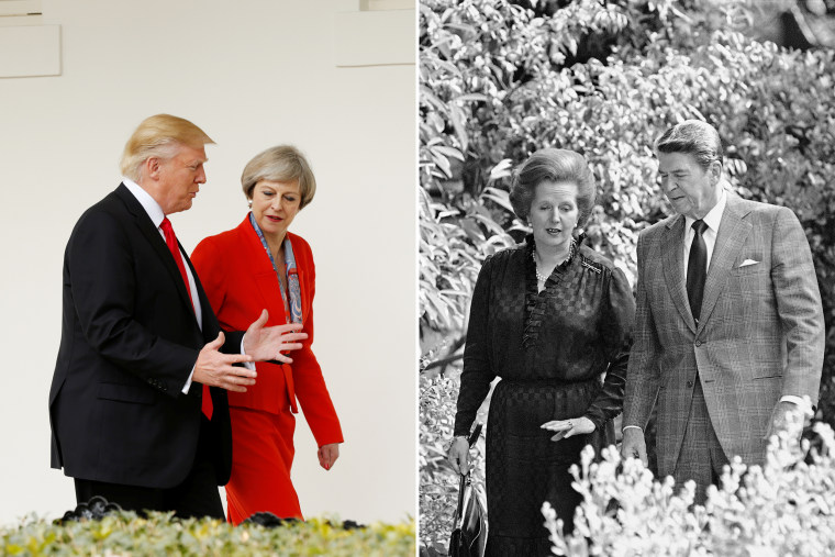 Image: Trump with May in 2017; Reagan with Thatcher in 1982