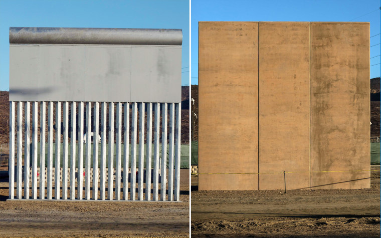 Image: Two of the eight prototypes for President Donald Trump's US-Mexico border wall near San Diego is seen from across the border from Tijuana