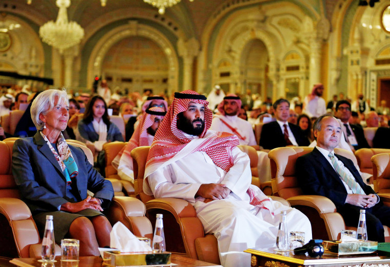 Image: Prince Mohammed bin Salman, Masayoshi Son and Christine Lagarde attend the Future Investment Initiative conference in Riyadh