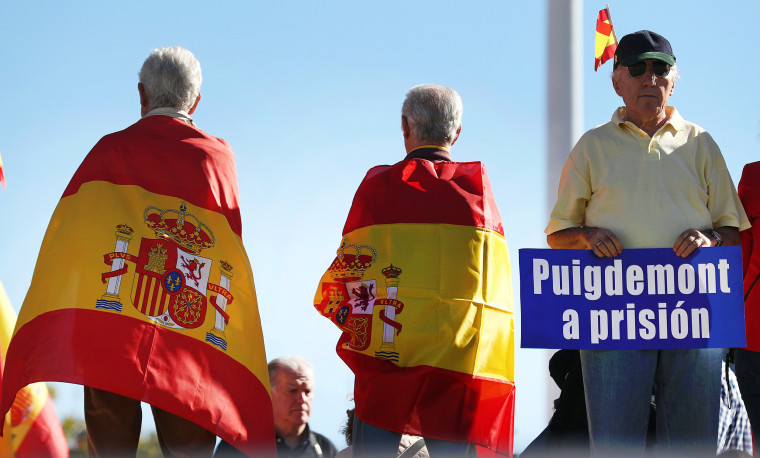 Image: Pro-unity demonstrators gather, the day after the Catalan regional parliament declared independence from Spain, in Madrid