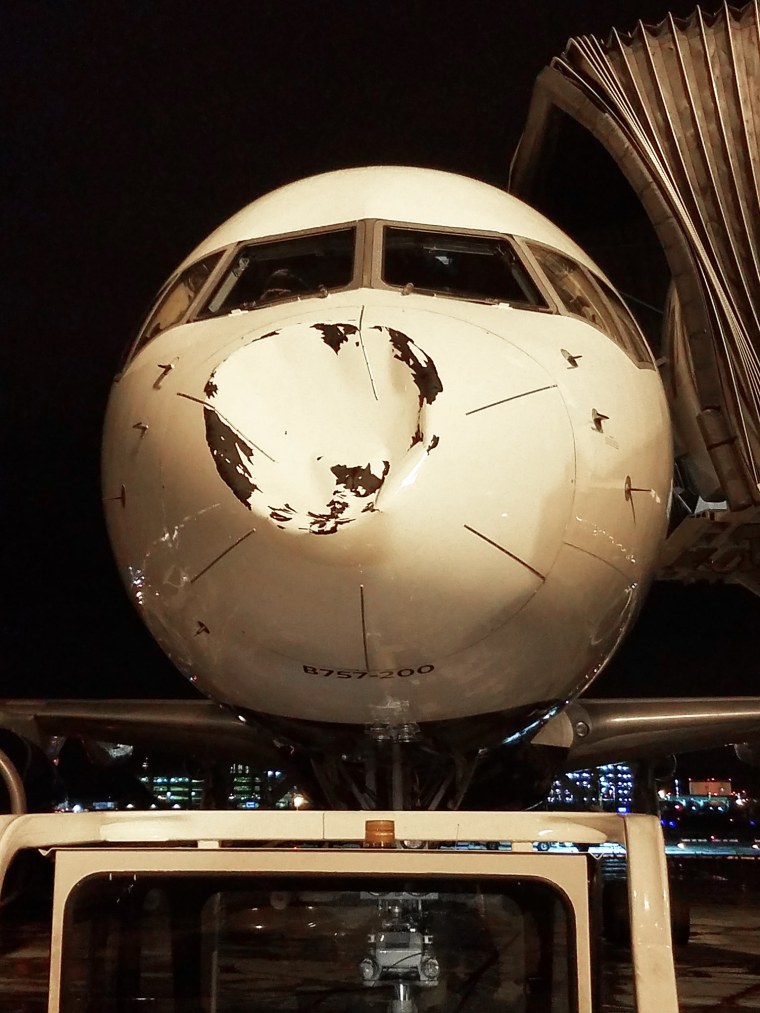 Image: The front of the Delta plane that was damaged on descent to Chicago-Midway Airport from Minneapolis on Oct. 27, 2017.