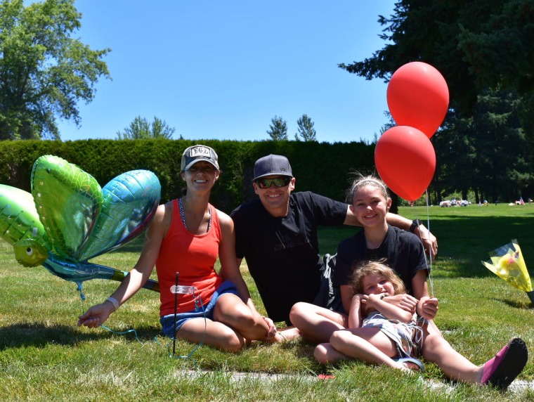 The Hauskins family: Randy, Rebekka, Madison, 13, and Josie, 5, visiting Hayden's grave on her seventh birthday.