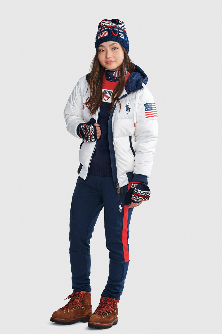 Olympian Maia Shibutani models Team USA's official closing ceremony uniform for the 2018 Winter Games. 