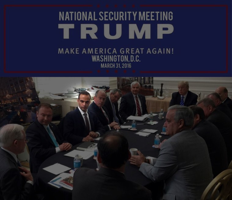 Image: George Papadopoulos, third from left, meets with then-presidential candidate Donald Trump on March 31, 2016 at a "National Security Meeting" in Washington.