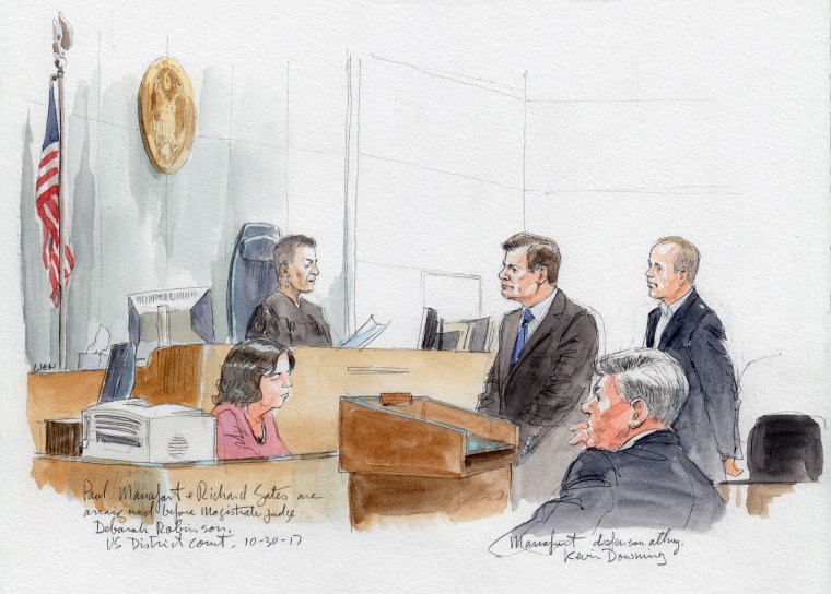 Image: A courtroom sketch of Paul Manafort and Richard Gates appearing before magistrate judge Deborah Robinson