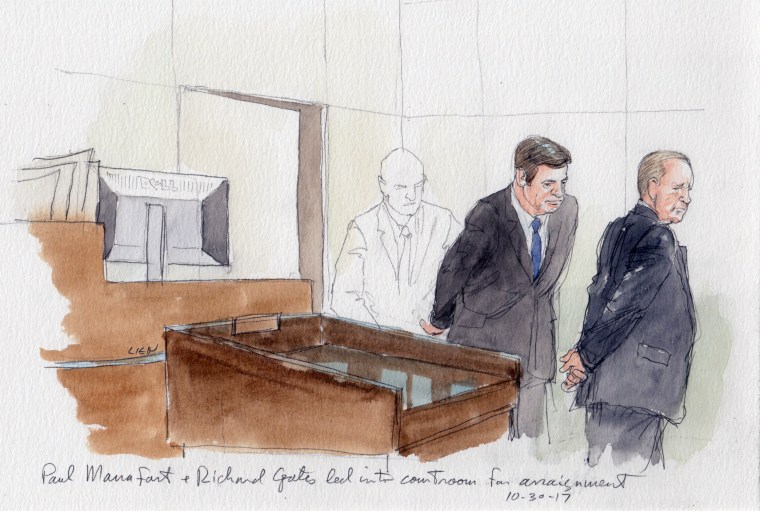 Image: A courtroom sketch of Paul Manafort, center, and Richard Gates, right, being led into the courtroom for arraignment in Washington