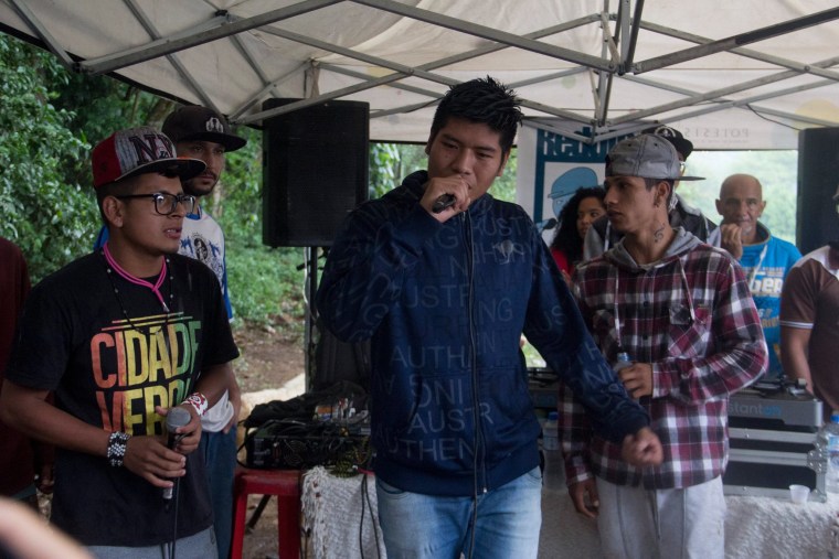 Indigenous rap group Oz Guarani sings during the event "Culture and Concept" at indigenous community Tekoa Itakupe in the city of Sao Paulo, claiming for land demarcation, October 22, 2017.
