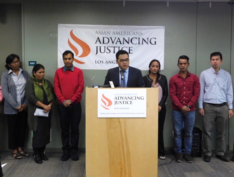 Christopher Lapinig, a legal fellow at Asian Americans Advancing Justice - Los Angeles, speaks during a press conference announcing a lawsuit over ICE detentions of Cambodian Americans.