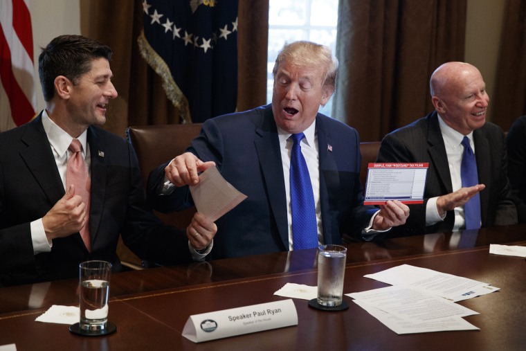Image: Trump holds an example of what a new tax form may look like during a meeting