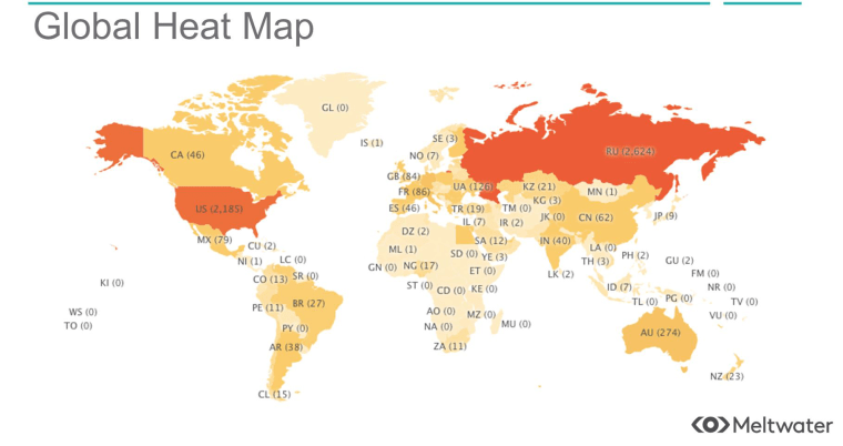 Image: A heat map showing the countries where global news outlets most heavily embedded the confirmed Russian troll accounts in their news articles.