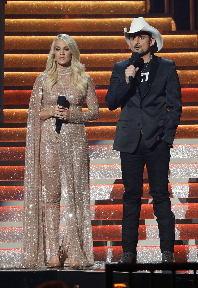 Carrie Underwood and Brad Paisley during the  51st Annual CMA Awards Show