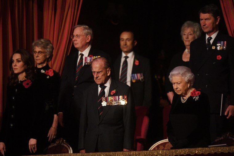 The Duchess of Cambridge, the Duke of Edinburgh and Queen Elizabeth II attend the annual Royal Festival of Remembrance at the Royal Albert Hall, in London