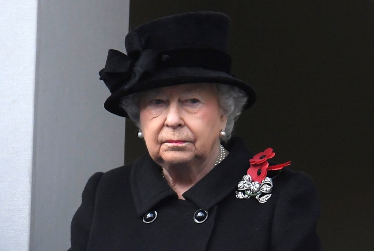 Britain's Queen Elizabeth II stands in silence at the Remembrance Sunday Cenotaph service in London
