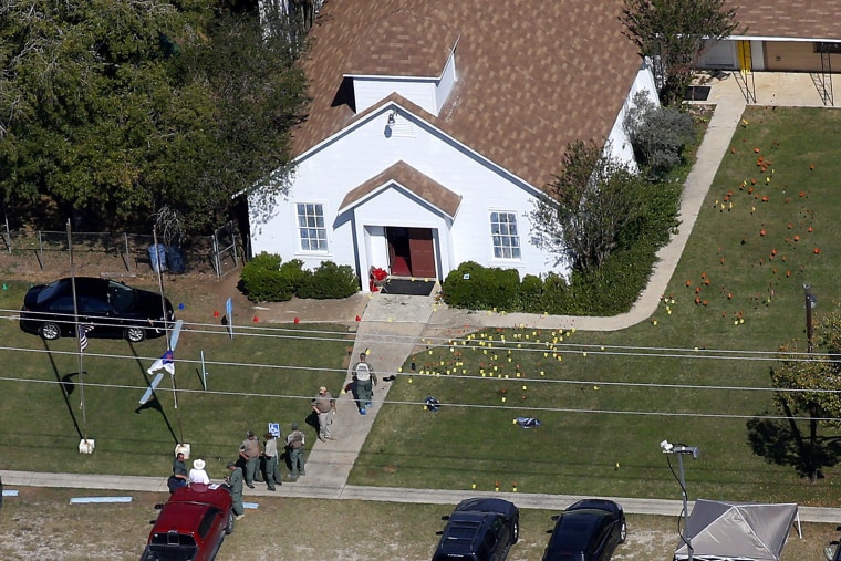 Image: An aerial photo showing the site of a mass shooting at the First Baptist Church of Sutherland Springs,