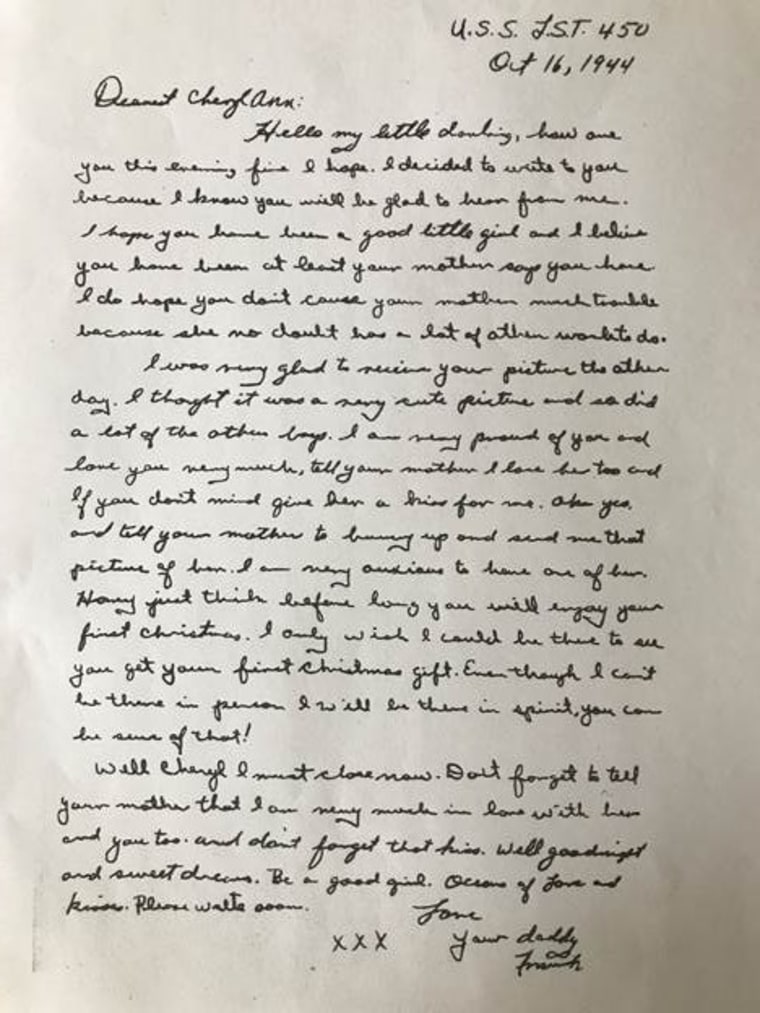 A letter, post-recovery process, that Cheryl Secrist's father wrote to her mother while he was stationed in the Pacific during World War II.