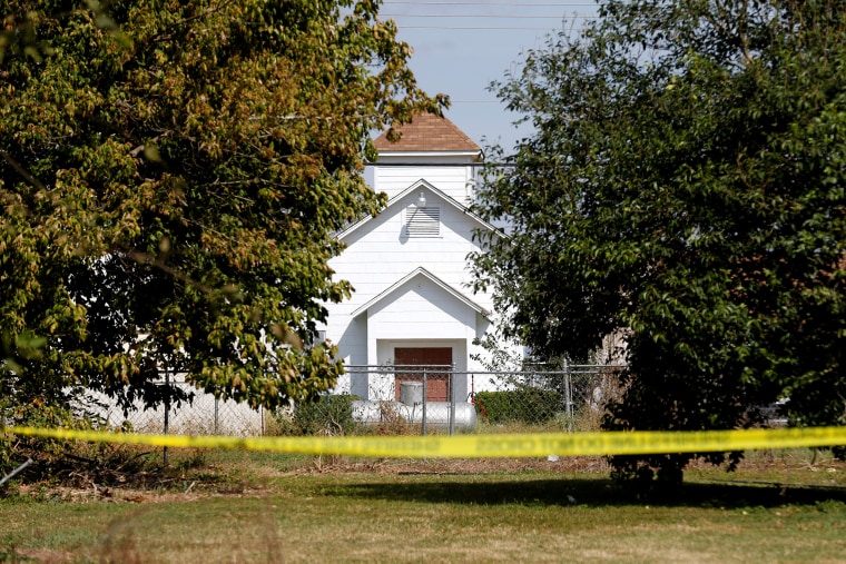 Image: The entrance to the First Baptist Church of Sutherland Springs, the site of the shooting, is seen in Sutherland Springs