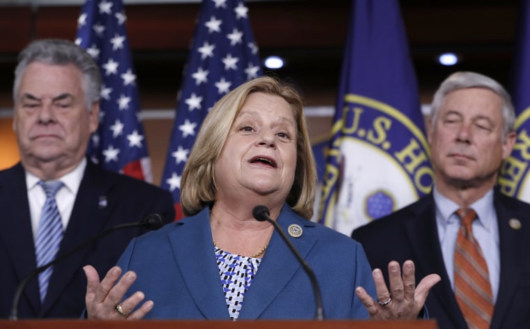 Image: Rep. Ileana Ros-Lehtinen, R-Fla., flanked by Rep. Peter King, R-N.Y., left, and Rep. Fred Upton, R-Mich., join a group of Republican lawmakers to encourage support for DACA, during a news conference on Capitol Hill in Washington, Nov. 9, 2017.