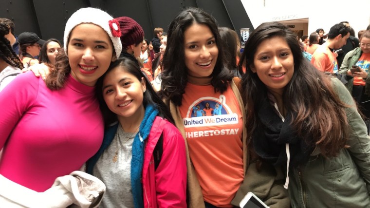 Trinity Washington University students Bruna, Jocelyn, Karen, and Dulce at a Washington, D.C. rally November 9, 2017 supporting a DREAM Act.