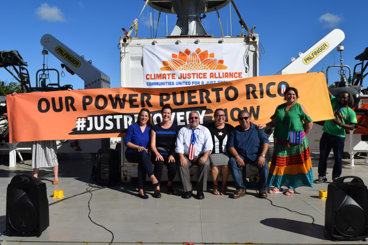 Local Puerto Rican leaders join the #OurPowerPuertoRico campaign in Miami aboard the Arctic Sunrise Greenpeace ship. They are advocating for a "just recovery" in Puerto Rico.