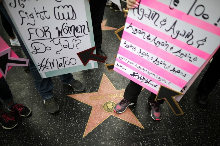Image: Demonstrators gather on actor Kevin Spacey's star on the Hollywood Walk of Fame for a protest for survivors of sexual assault and their supporters in Hollywood, Los Angeles, on Nov. 12, 2017.