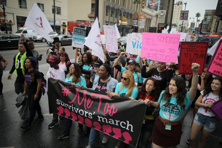 Image: People participate in a protest march for survivors of sexual assault and their supporters on Hollywood Boulevard in Hollywood, Los Angeles, on Nov. 12, 2017.