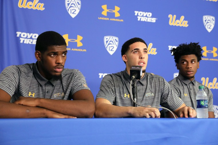 Image: UCLA basketball players Cody Riley, LiAngelo Ball and Jalen Hill speak at a press conference at UCLA after flying back from China, where they were detained on suspicion of shoplifting, in Los Angeles