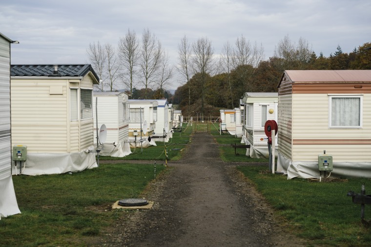 Image: Semi-permanent caravans which house seasonal workers at Oakdene Farm