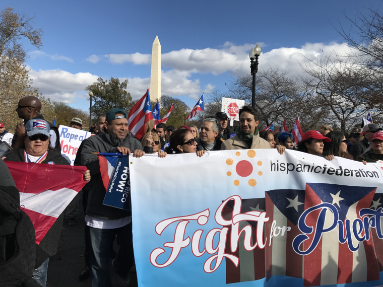 "Hamilton" creator Lin-Manuel Miranda was one of thousands who marched and held a rally in D.C. on Sunday, Nov. 19 to call attention to Puerto Rico's plight two months after the devastation of Hurricane Maria.