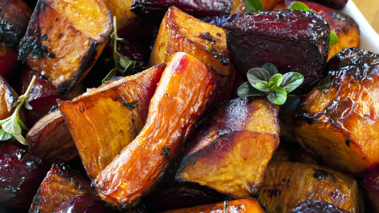 Root vegetables roasted with balsamic