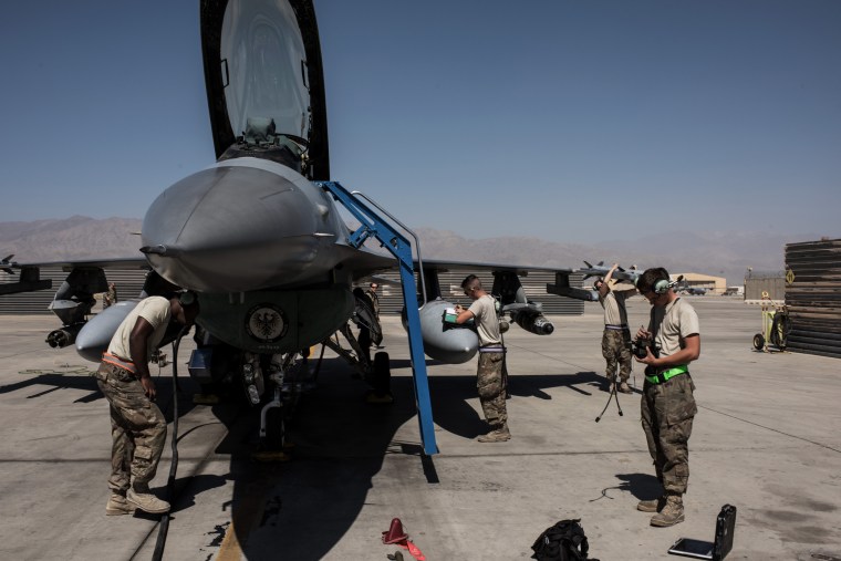 Image: Members of the U.S. Air Force deployed for Mission Resolute Support prepare an F-16 Jet for a flight at Bagram Air Field